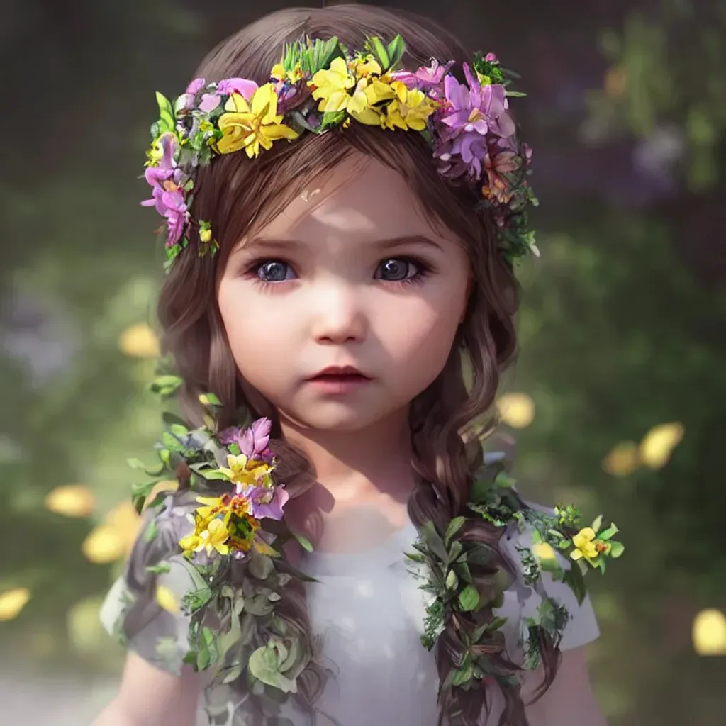 Prompt: cute baby girl with flowers on her hair, high-key cut unreal engine, volumetric, warm indoor lighting, detailed, digital painting, cinematic, character design