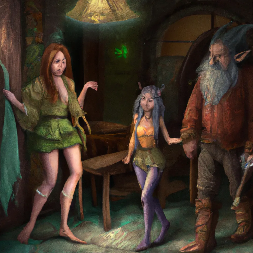 Prompt: An female elf, a short dwarf, and a hobbit with big feet walk into a bar. 
Fantasy, photorealistic 