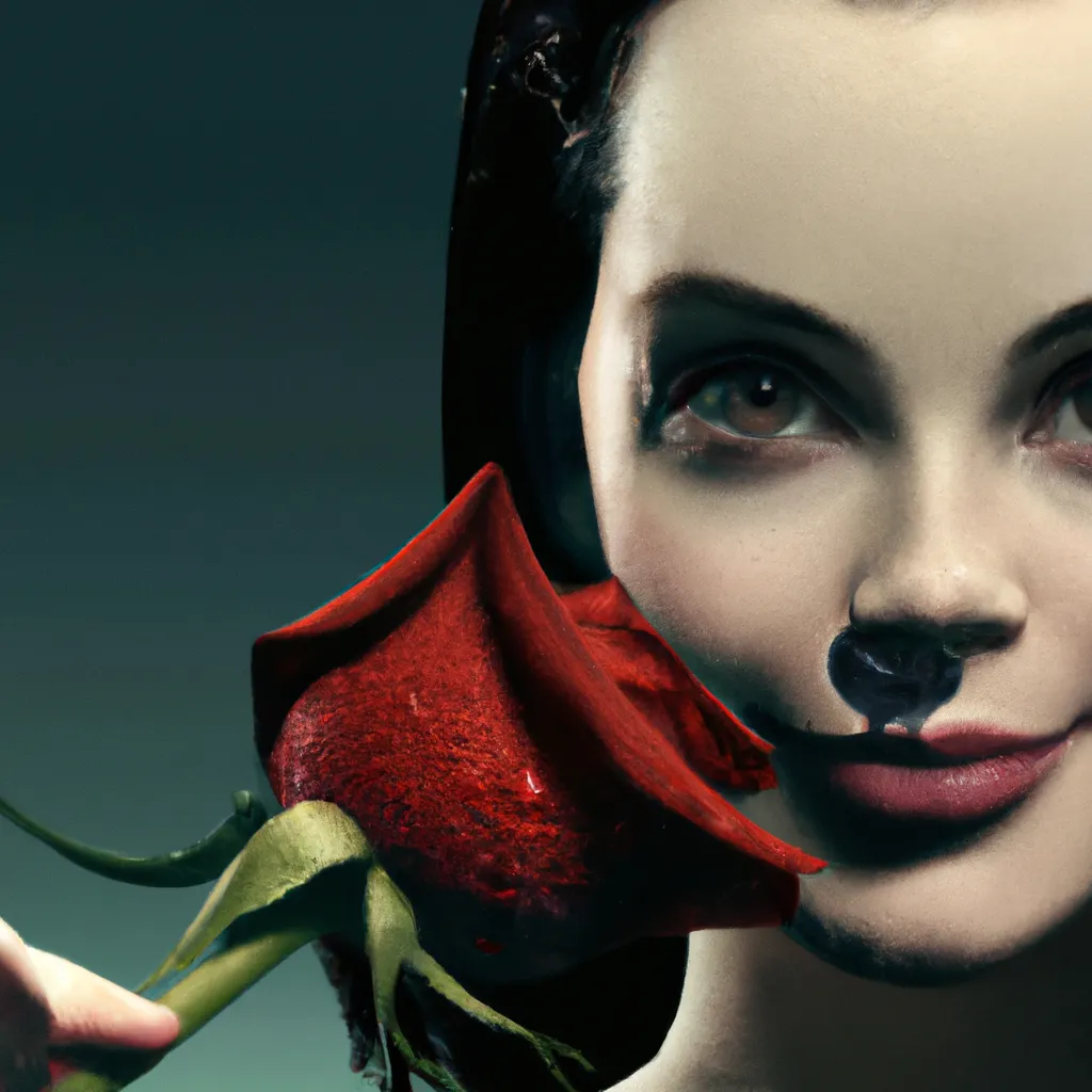 Prompt: Advertisement photoshoot. Beautiful Christina Ricci from the famous Addams family is posing with a beautiful red rose flower with stalk. Subject is smelling the flower.  Subject eyes are open. Looking at the camera. Condensation formed on the flower. Photorealistic hyperrealistic close up high speed render. Face must be visible. Beautiful smooth contrast, soft color palette, smooth curves, dark background, beautiful highly detailed droplets, reflections and refractions, dark studio backdrop, Beautiful studio lighting, Nikon Z7, ISO 400, Sigma 85mm f4.5 DG DN, aperture f/11, exposure 1/2000, studio lights, centered face.
