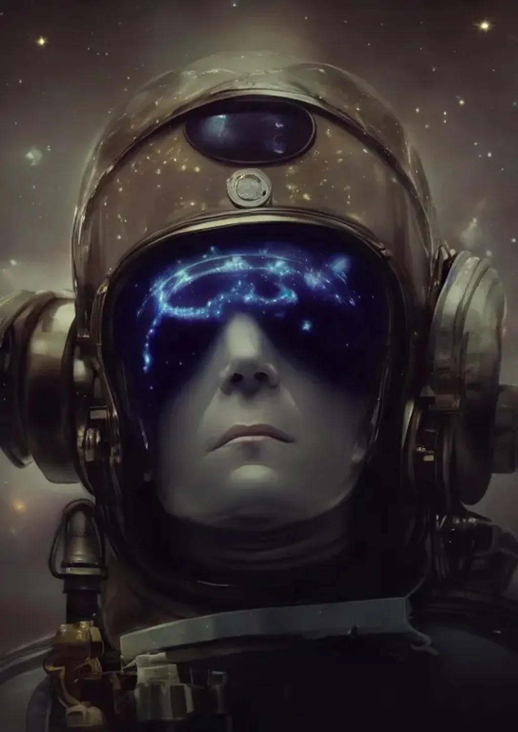 Prompt: A close-up portrait of an astronaut wearing a steampunk space helmet with nebulas and space stations reflecting in the visor, perfect composition, beautiful, intricate, insanely detailed octane render, trending on artstation, 8K artistic photography, photorealistic concept art, soft natural volumetric cinematic light, chiaroscuro, award-winning photograph, masterpiece, oil on canvas, H.R. Giger creature design, Beeple composition, Frank Frazetta rendering.