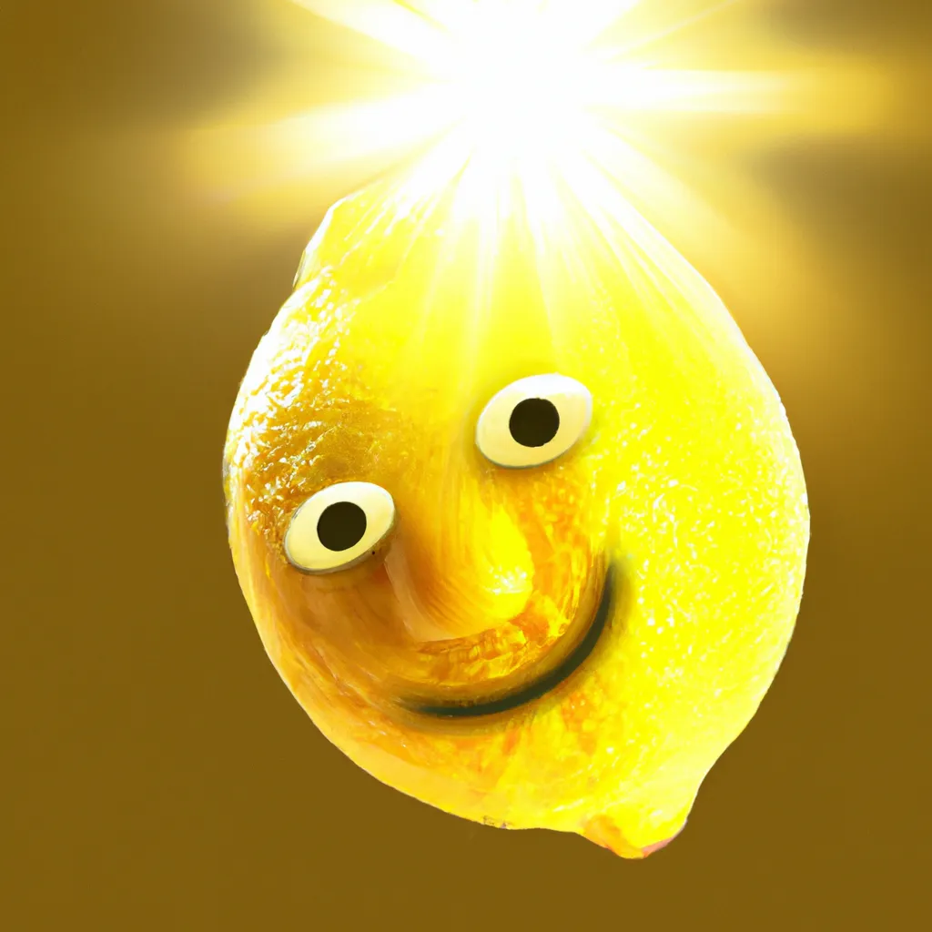 Prompt: The Sun Enlightened, Smiling Peacefully, Photo Realistic Ultra 3-D Very yellow Lemon, Huge beams of light shining from it. 