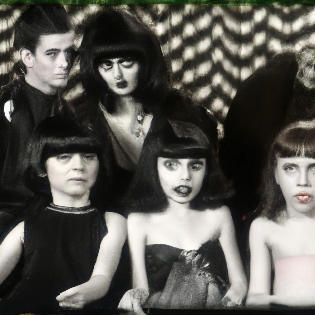 Prompt: a family photo of a family of spooky humanoid goth monsters on a 1960s sitcom, 35mm, 4k, panavision