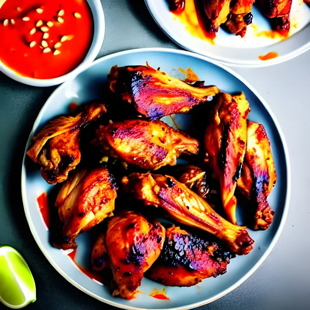 Prompt: Food photography, dslr photograph, spicy juicy shredded chicken and chicken wings with sauce
