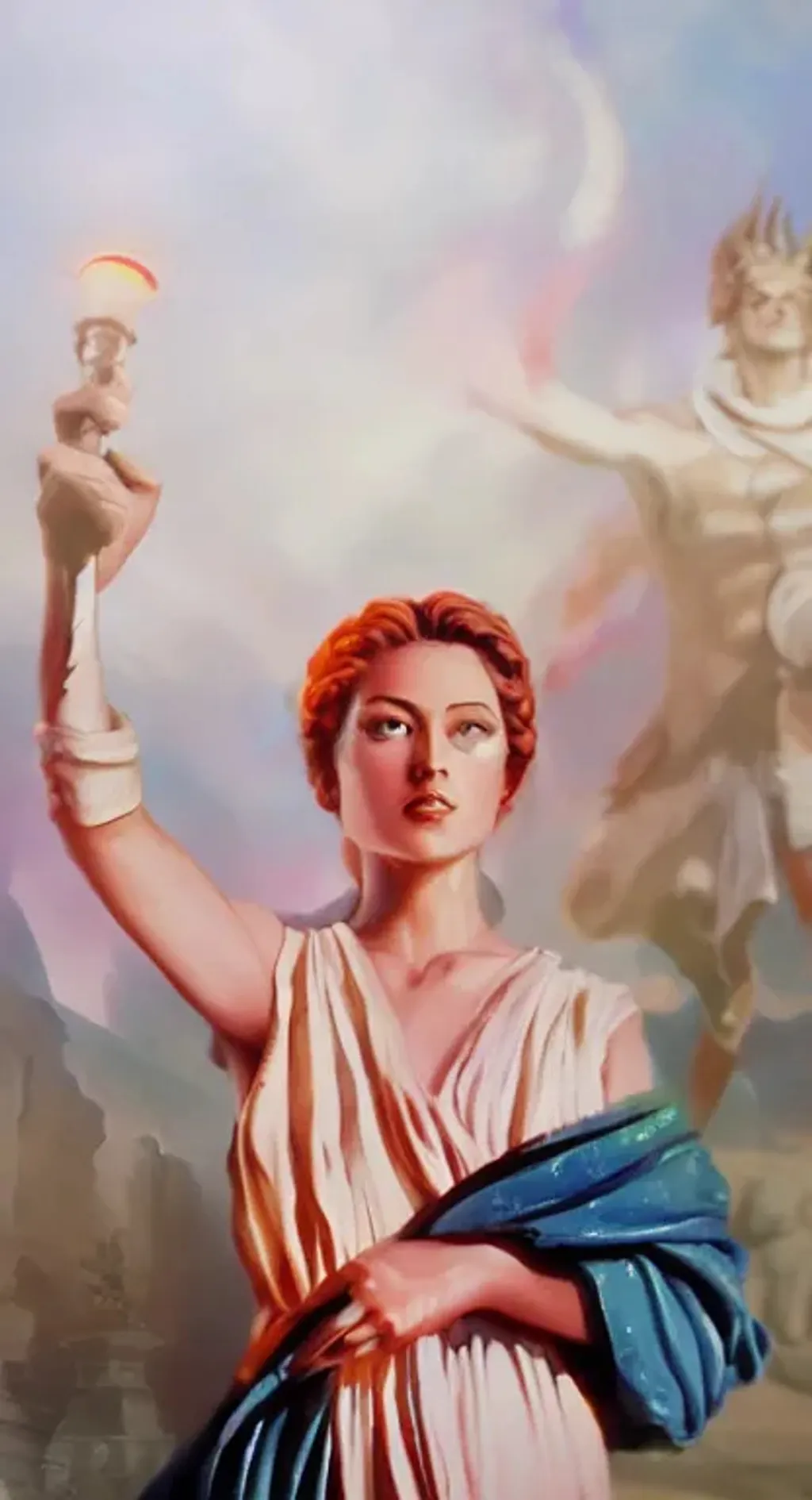 Prompt: a painting of a woman holding a torch, a statue, cgsociety, still image from the movie, greek mythology characters