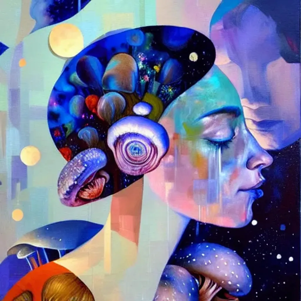 Prompt: Oil painting portrait by Ryan Hewett, Beautiful woman crying mushroom shaped tears, mushrooms, victo ngai, hq, fungi, celestial, moon, galaxy, stars 