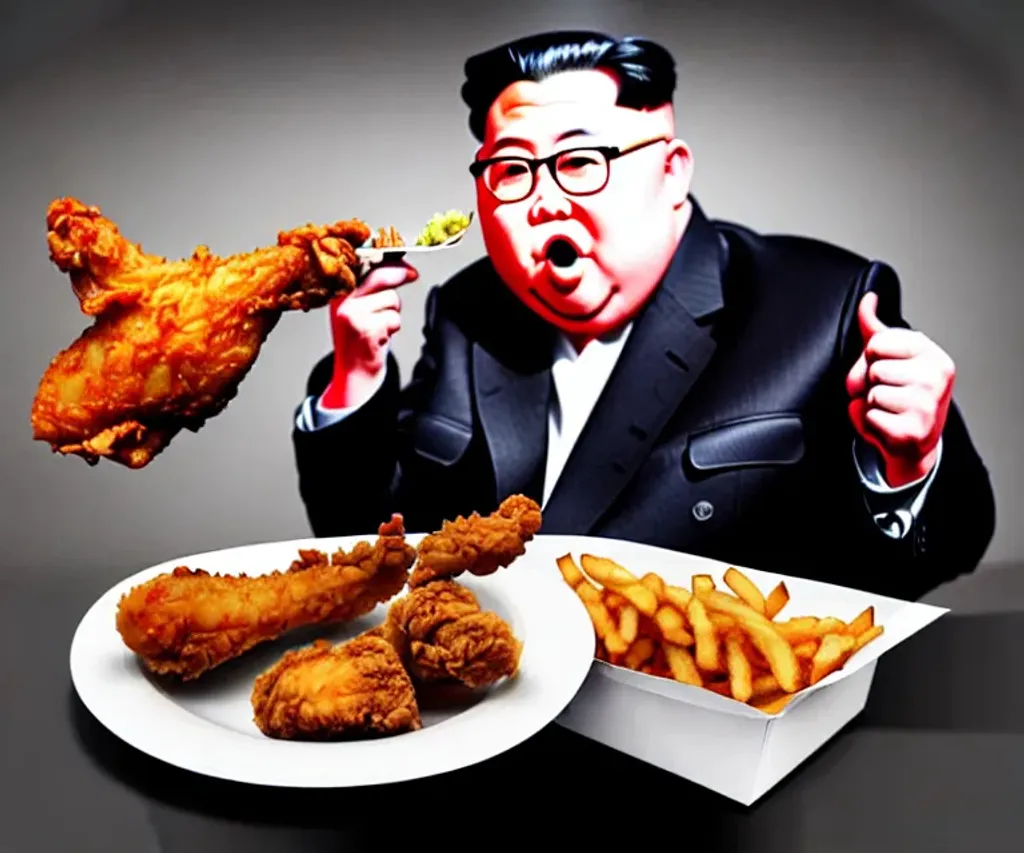 Prompt: Angry Kim kong un eating fried chicken from KFC on a private jet. highly detailed, hyper realistic, everything in sharp focus, HDR, UHD, 64K