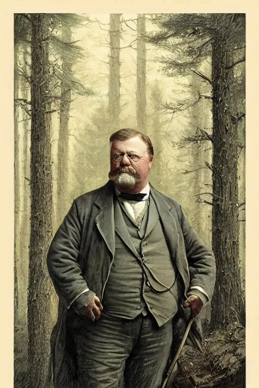 Prompt: portrait of a cute heavyset President Theodore Roosevelt, with a beard, bearded, whispy beard, hunting vest, big eyes, clear face, intricate detailed pine forest, creek, dramatic lighting, perfection, symmetrical, by Greg Rutkowski