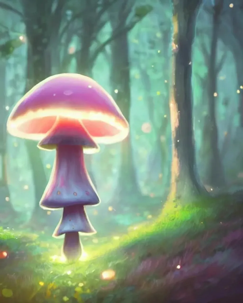 Prompt: concept character art for a cute fantasy mushroom being, large adorable anime eyes, centered, fantasy mushroom forest background, bokeh effect, magical lighting, golden hour, lens flare, pastel pink glow, beautiful glowing lights, bio-luminescence, epic fantasy, fine art, clean, polished, trending on artstation, brush strokes, smooth, sharp focus, professional concept character art by pixar, luke chueh, matt dangler