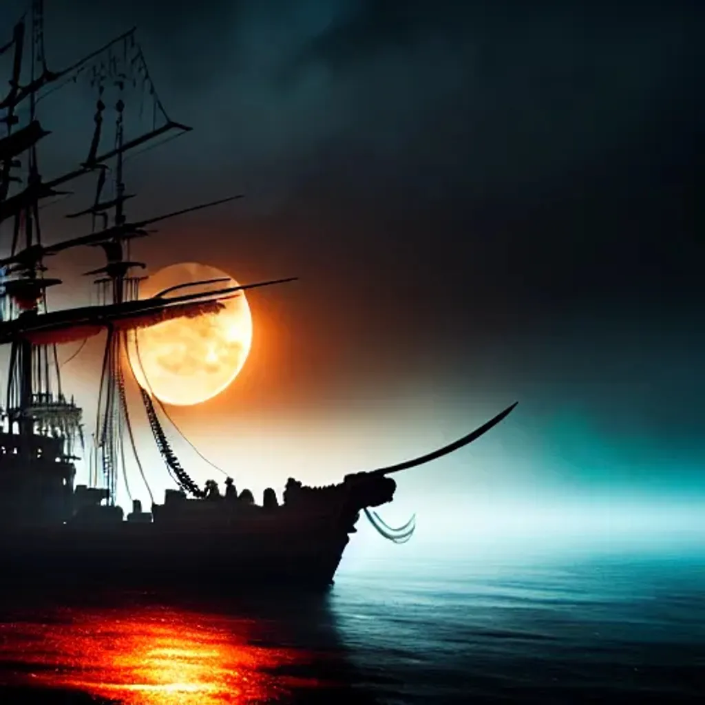 Prompt: A beautiful painting of a moon showing skull and crossbones image, a decrepit pirate ghost ship, bow breaking through heavy eerie thick misty fog, surrounding the ship, thick clouds, closeup, by greg rutkowski and makoto shinkai, artstation, studio ghibli, vivid color, wlop,  volumetric lighting, octane render, 8k resolution, masterpiece