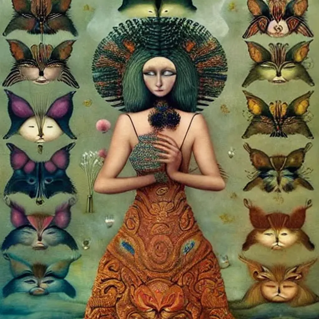 Prompt: Peruvian arpillera Oxana dobrovolska victo ngai henry rousseau Vladimir kush peregrine heathcoate catrin welz-stein Andrea kurti Andrea kowch 