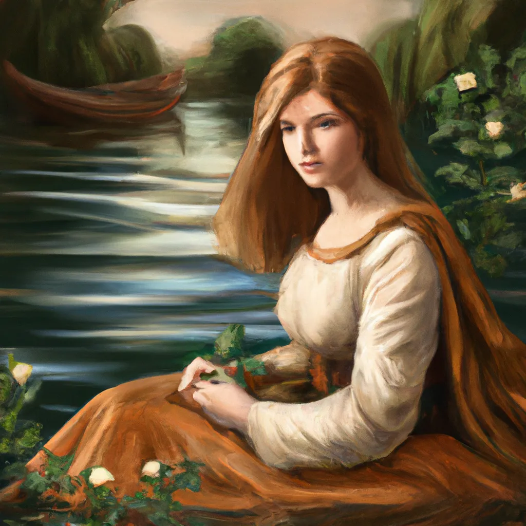 Prompt: "The Lady of Shalott" by John William Waterhouse, in the style of Tom Bagshaw 