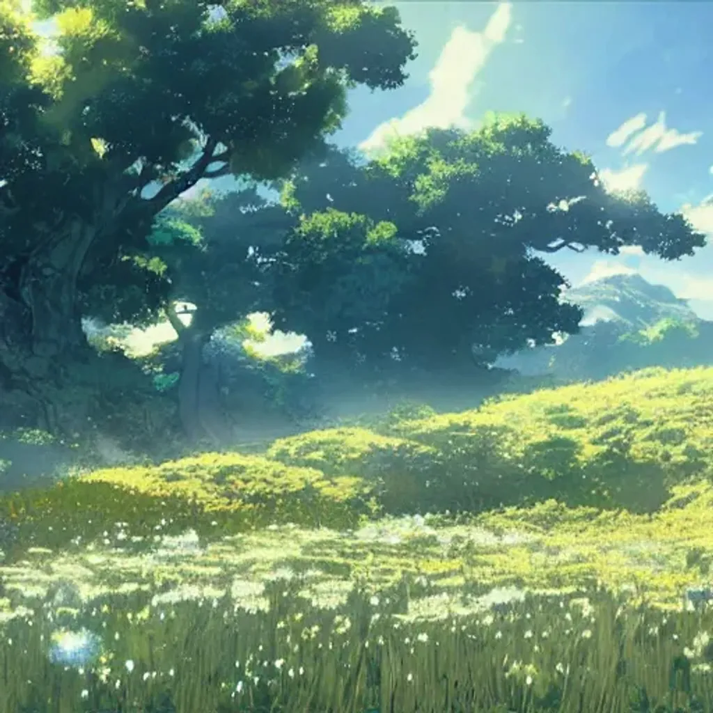 Prompt: Digital art of a beautiful and peaceful landscape with a field of flowers, soft lighting, high detail, by Yoji Shinkawa, by Makoto Shinkai, by Frank Frazetta