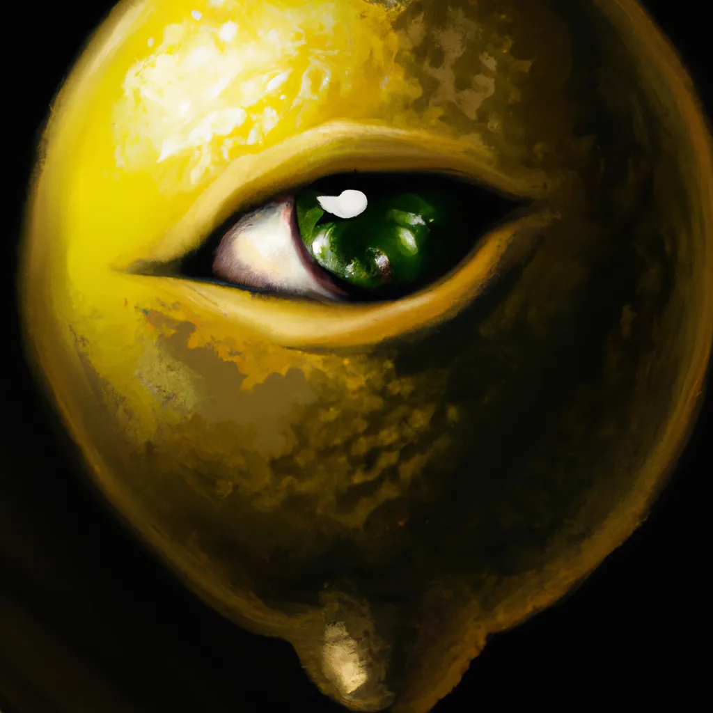 Prompt: a lemon looking at you menacingly, the all seeing eye is a lemon, illuminati, dark eye, evil, digital art, dramatic lighting, trending on artstation