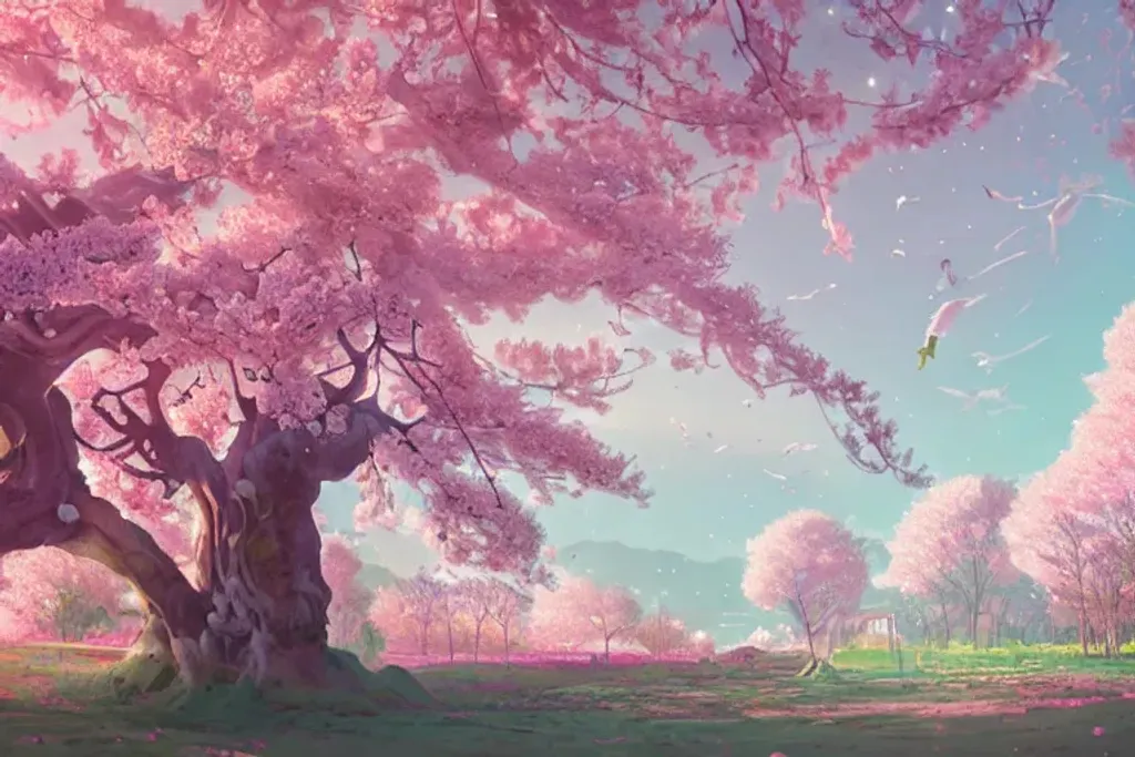 Prompt: Beautiful pastel nature landscape, giant cherry blossom tree in the center, concept art, hyper detailed, alena aenami, storybook illustration, cinema 4d, matte painting, digital painting, rococo, fantasy art, astral, beautiful, colorful, intricate, vapor, vibrant, ethereal
