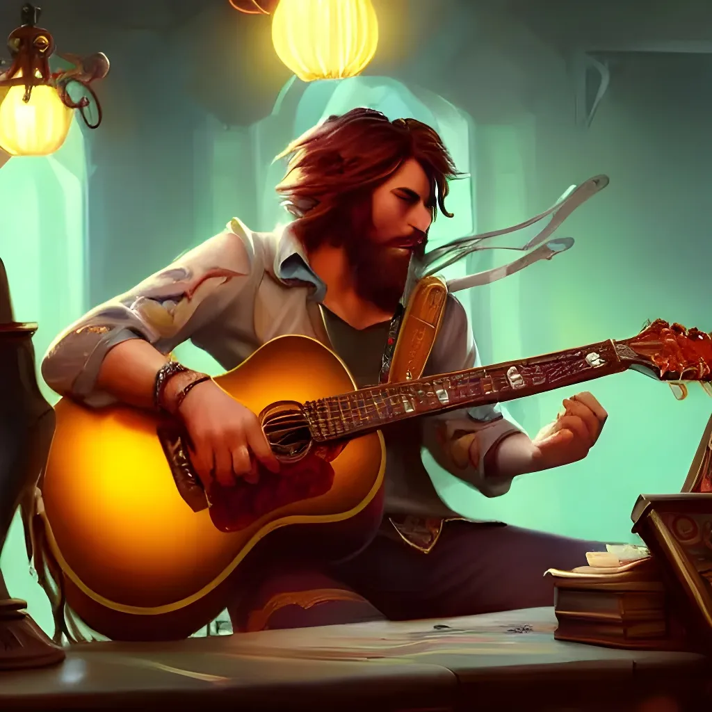 Prompt: splash art of absurdly handsome bard playing a song with his guitar in a crowded fantasy inn in the style of artgerm, rutkowski, unreal engine, full of colour, cinematic lighting, trending on artstation, 4 k, hyperrealistic, focused, extreme details, unreal engine 5, cinematic, masterpiece