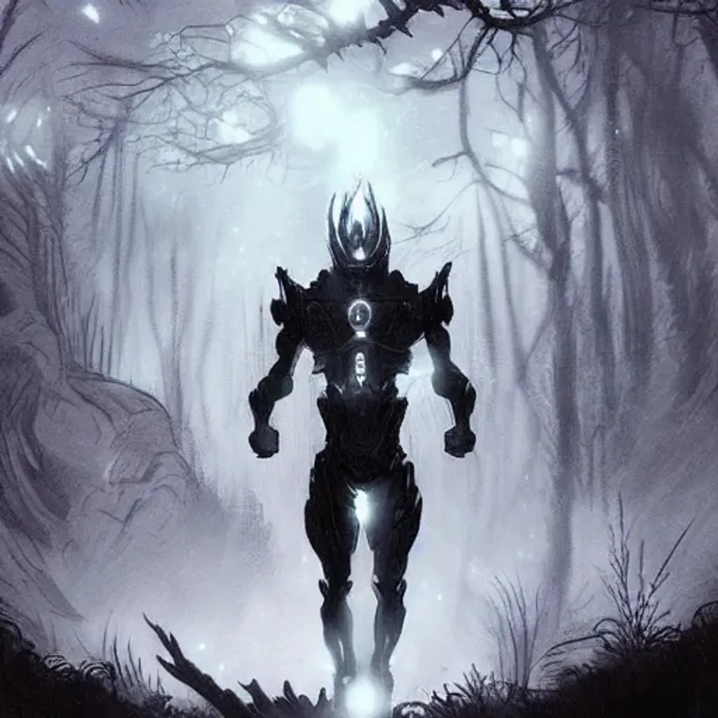 Prompt: extremely detailed artwork of an armored dark figure in a dark evil forest, super sayan, glowing hands, Sauron, Ultron, speedster, fantasy art, fog,