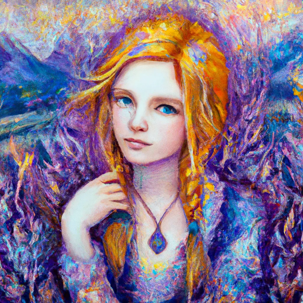 Prompt: Tessa Violet by Anna Dittmann. Incredibly detailed, maximalist matte painting. Portrait of a Goddess. Colorful, bright, hues of yellow, violet, light blue. 8K resolution, HD, DSLR, polished, realistic oil paintingation