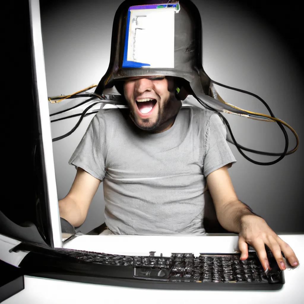 Prompt: programing in a computer like a crazy man wearing a helmet