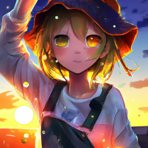 Prompt: American shot anime key visual of an enthusiastic anime lemon girl wearing a cute bucket hat, the background is a sunset at dusk by the ocean contrasted and bright; brown, orange, green and dark blue colour palette; Digital art, trending on artstation, Photorealistic Illustration, anime key visual, cinematic, Ultra Detailed