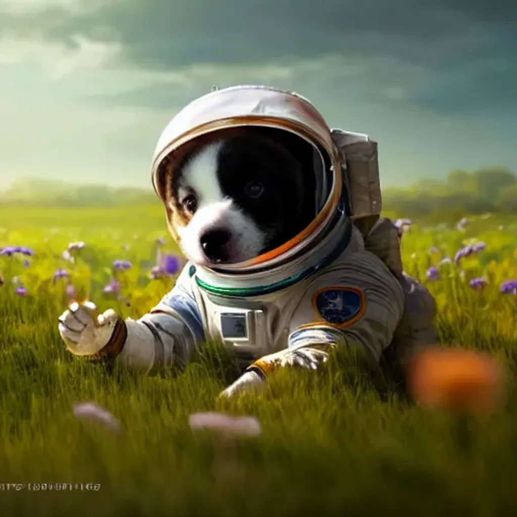 Prompt: (((beautiful puppy astronaut))) exploring amazing field of green grass and flowers, (((cute happy puppy))) wearing astronaut suit with face visible, deep colors, hyperdetailed cinematic masterpiece by greg rutkowski, trending on artstation, centered, in frame, (((perfect composition))), detailed textures