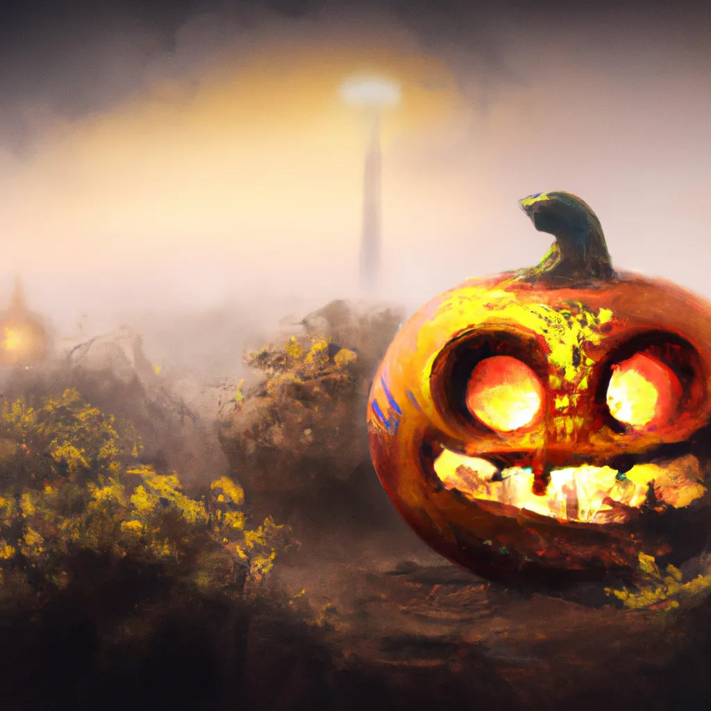 Prompt: Halloween carved pumpkin lantern with Scythian runes and smiley,  landscape, mist. autumn field, cinematic lighting, highly detailed. digital art, beautiful, cinematic lighting, highly detailed, digital art oil painting, sharp focus, matte painting