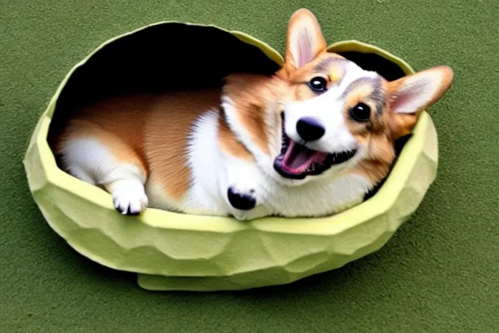 Prompt: corgi peaking out of a turtle shell