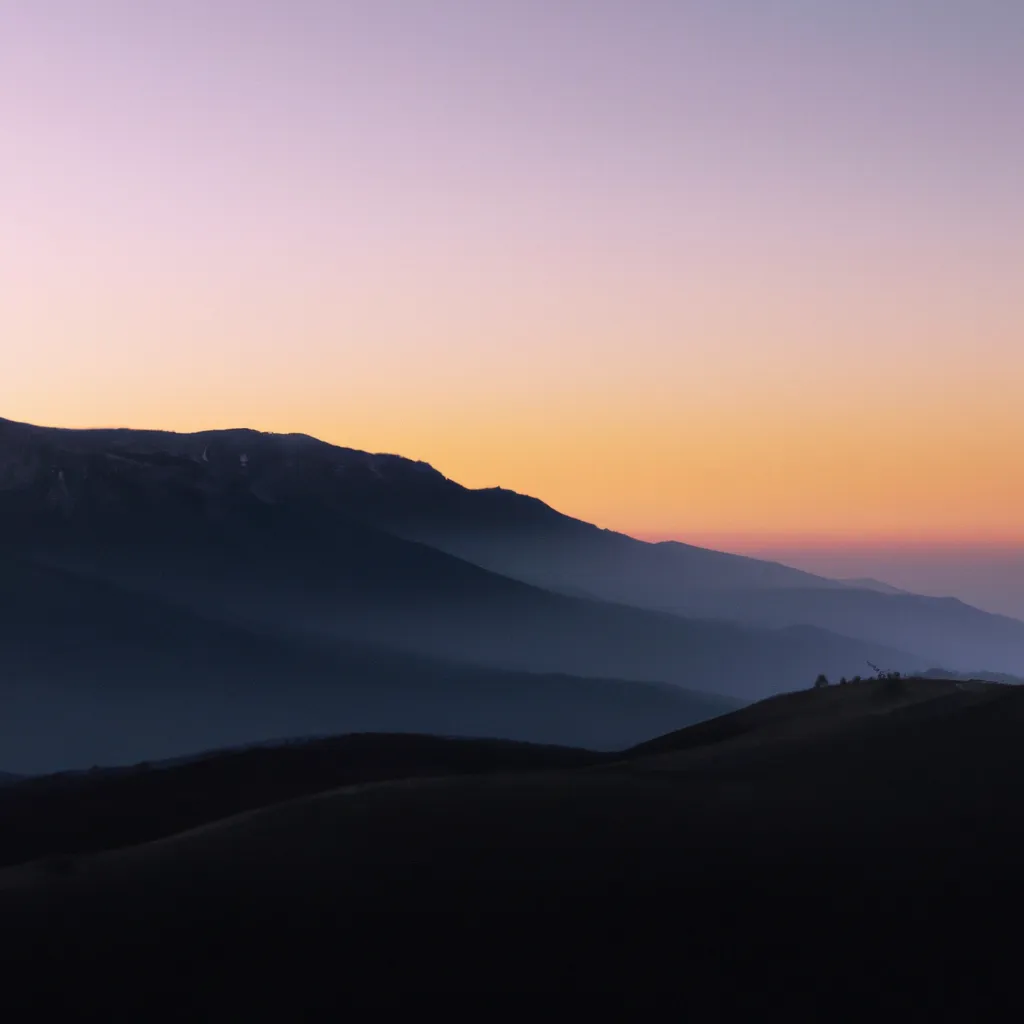 Prompt: Beautiful mountain range. early in the morning. cinematic. cirrus clouds. landscape photography. early purple sky