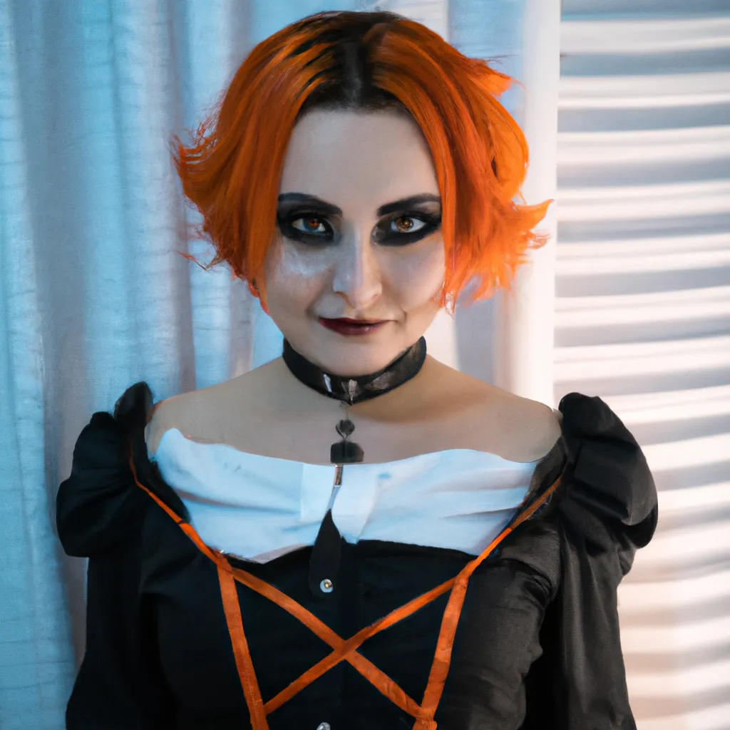 Prompt:  a very beautiful woman with orange hair and black makeup and a goth choker with spikes, in a maid costume, Cosplay photoshoot 