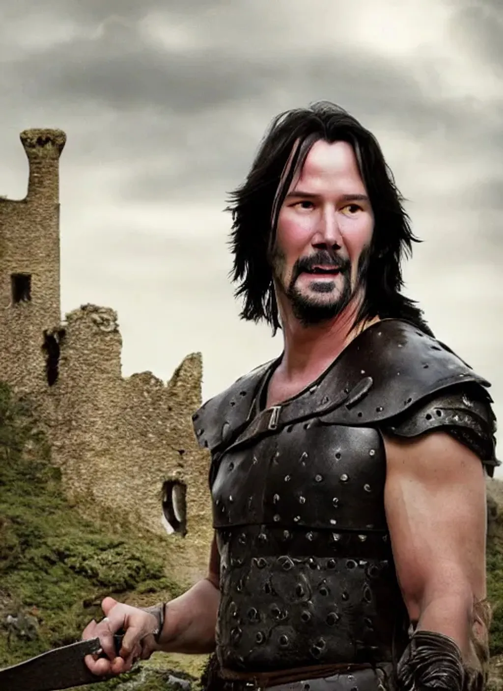 Prompt: Wide shot in a {ruined castle} professional portrait of {Keanu Reeves as a barbarian} with {black} hair, cute face, "detailed open eyes mild highlights reflection",  perfect composition, hyperrealistic, super detailed, 8k, high quality, trending art, trending on artstation, clear focus, studio photo, intricate details, highly detailed, by greg rutkowski