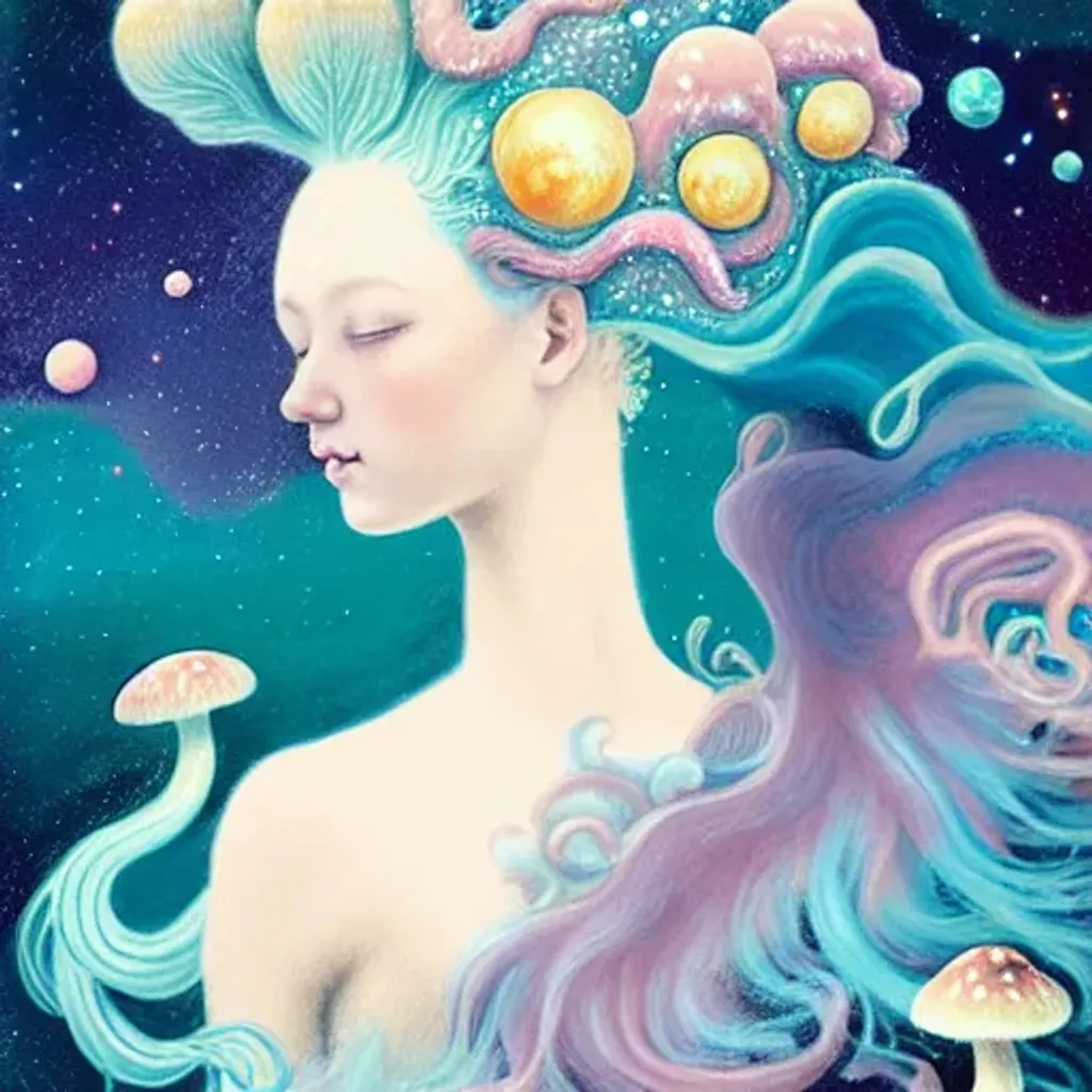 Prompt: Pastel rococo portrait, Beautiful mermaid with the galaxy in her hair, mushrooms, stars, planets, hq, fungi, celestial, moon, galaxy, stars, victo ngai, Ryan Hewett 