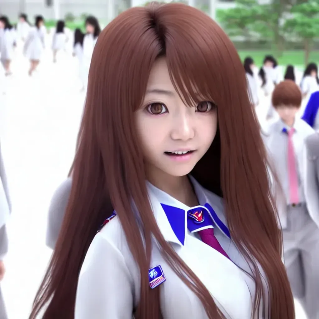 Prompt: hyper realistic 3d headshot render of a long-haired japanese high school girl, wearing white uniform, crowded school hallway, detailed beautiful face with long dark brown wavy hair, very highly detailed, crisp quality