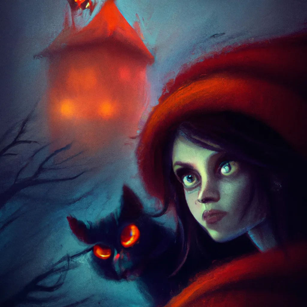 Prompt: Face of a Lady in red glowing cape with a black cat is standing on top of a tower and searching for a ghost child in a spooky, foggy atmosphere. Scary. Haunted. Bokeh. Concept art. Highly detailed, expressive surrealistic oilpainting, colorful, digital art, digital airbrush, 8K. By Tim Burton, Anna Dittmann and Tom Bagshaw