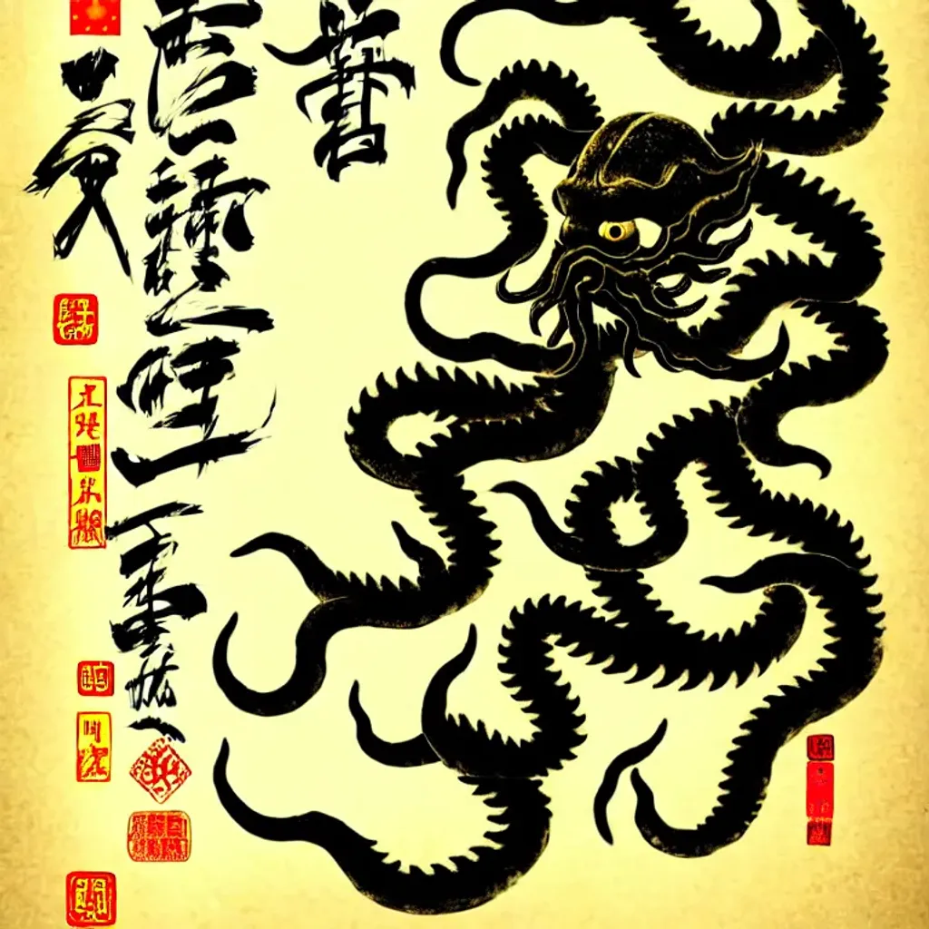 Prompt: call of cthulhu book cover, china, chinese art, chinese calligraphy, masks, 