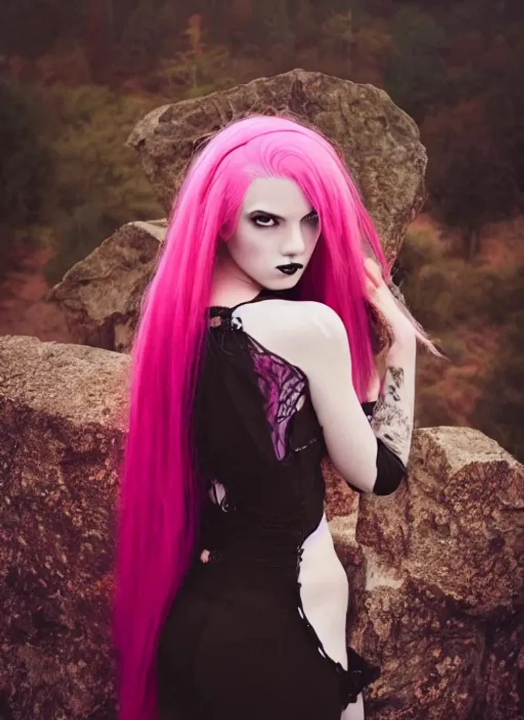 Prompt: photo of gothic woman with pink hair, centered, scenic background, perfect composition, golden ratio, hyperrealistic, photorealism, 85mm lens, super detailed, 32k, high quality, trending on artstation, sharp focus, studio lighting, intricate details, hyperdetailed photography by WLOP, dino tomic,