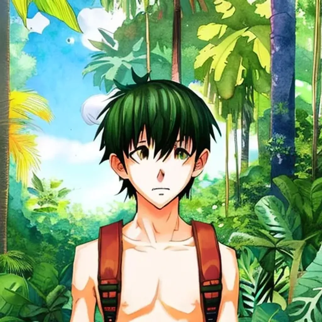 Prompt: {cute 16yo boy} (full body) {at tropical forest}, { watercolor comic} by {ghibli studio}, {fine pen lines and details , muted color}, {hdr, hq, soft lighting, detailed face, High detailed, super quality, octane render}