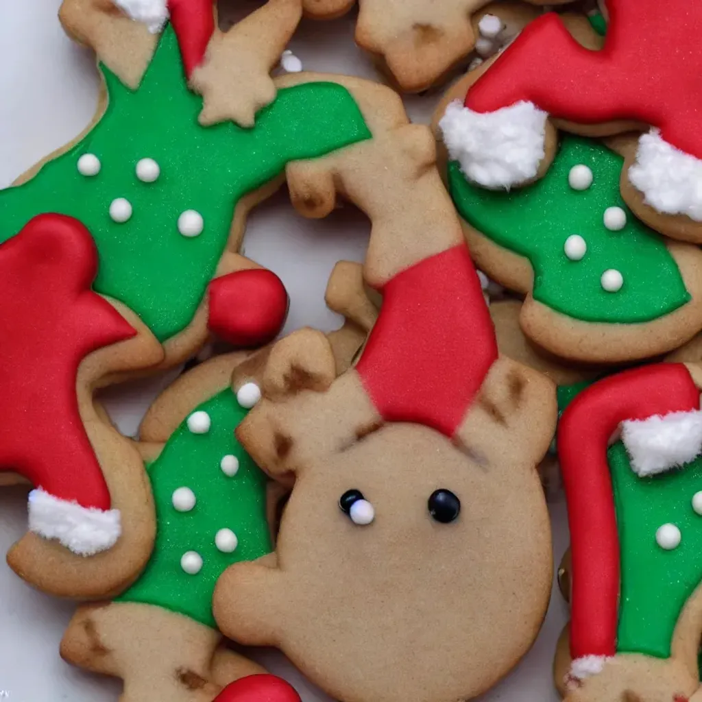 Prompt: Close up of one reindeer shaped christmas cookie, christmas lights, christmas decorations, sugar, picture, realistic, 8k, detailed