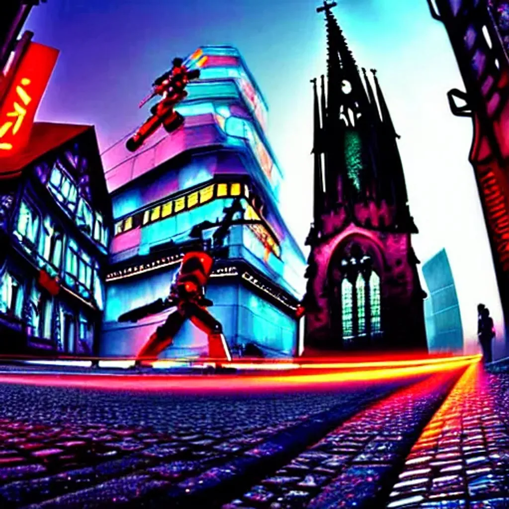 Prompt: Cyberpunk German city with mecha suits roaming the streets, city plaza, giant flatscreen televisions with graphics, medieval German architecture, German gothic church, German timber frame buildings, cobblestone streets, broad light, wide angle, over the shoulder point of view, futuristic German city, bloom lighting effect, highly detailed, picturesque, romantic, vivid colors, European city