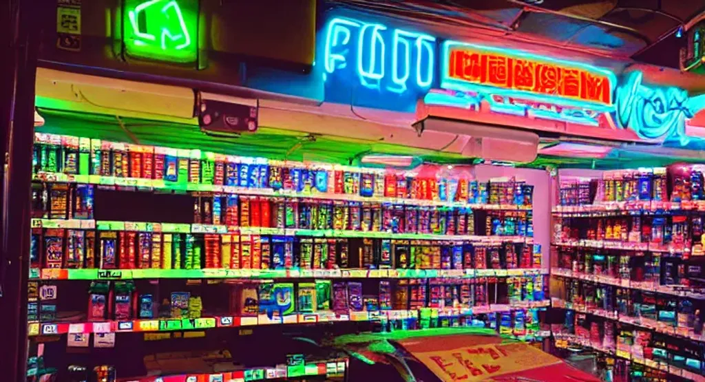 Prompt: inside closed cyberpunk convenience store at night with row of drink cooler aisle, colored lighting, atmospheric, ultra detail, fujifilm, snack aisle, low lighting, vaporwave anime aesthetic, energy drinks, neon lighting, potted palm tree, wet floor sign, close up shot

