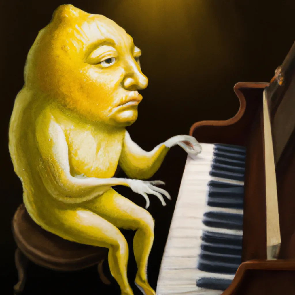 Prompt: Lemon character playing the piano, looking like Mozart, medival painting