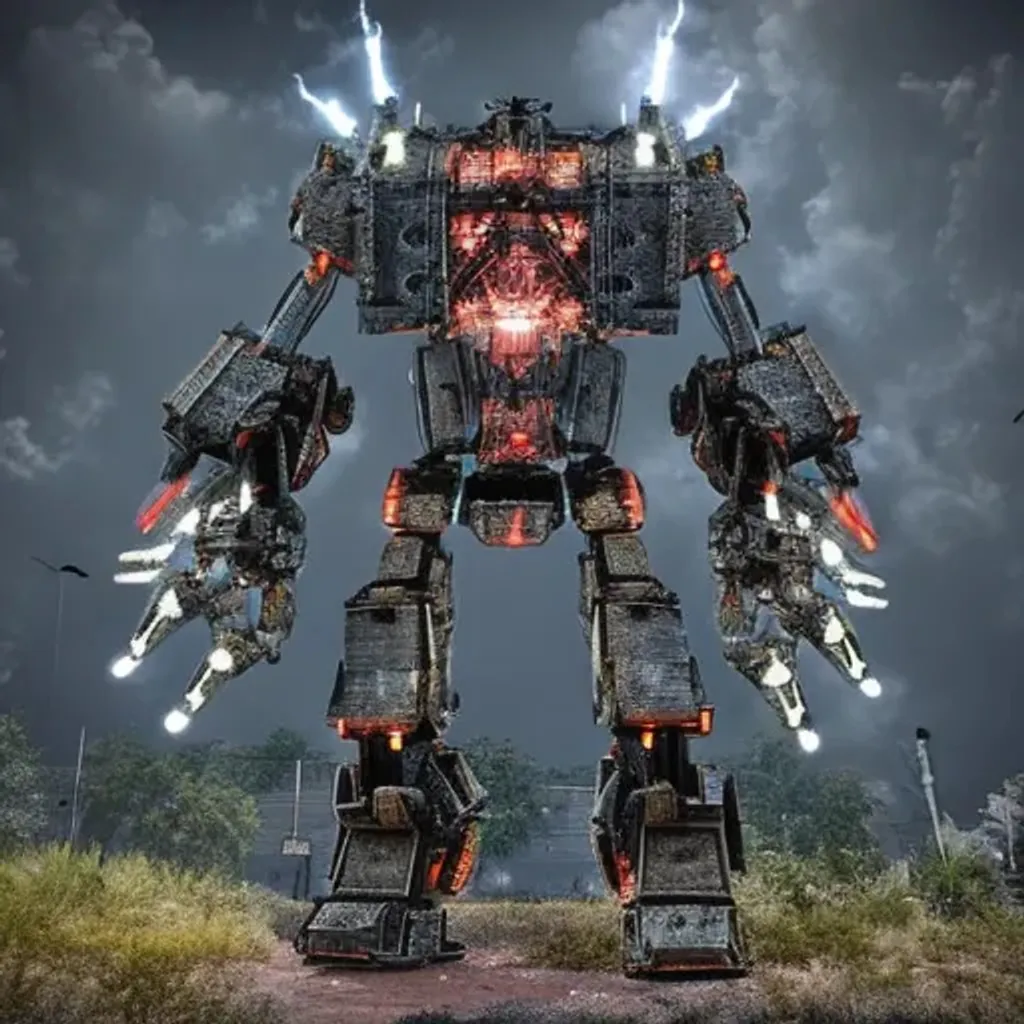 Prompt: a giant mech made out of scrap with glowing eyes digital art full body scary hyper-realistic intimidating 