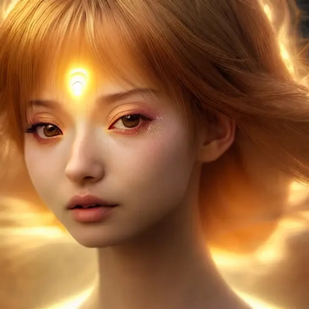 Prompt: cute Ethereal anime Goddess of the eternal Sun, Ultra-Realistic, Intricate, Medium Long Shot Centered Portrait, Perfect Facial Details, Piezoluminescence Overlays Background, Natural Dynamic Colors, Dynamic Volumetric Lighting, 8k resolution, Ultra-detailed Octane Quality 3D Render, Detailed background, High Quality Photograph by Mark Mann