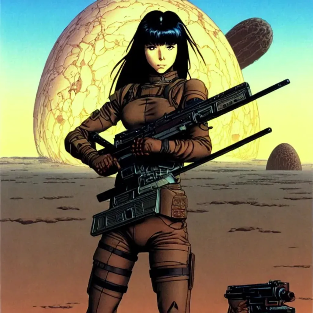 Prompt: pretty Girl with strong build, beautiful face, dark brown hair, angry, holding rifle, wearing battlesuit standing in alien dessert standing near an alien city, by Makoto Kobayashi, by Moebius, by Jean Giraud, manga, anime style, 80's, Intricate, Hand drawn, concept art, grainy color, dim lighting, Anime Key Visual, beautiful composition, detailed face, anime face, detail on face