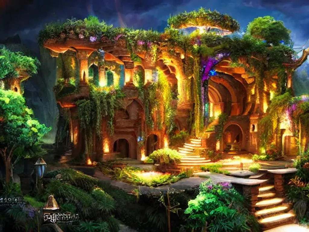 Prompt: Hanging Gardens of Babylon meets Lord of the Rings by night, detailed fractal rainbow piezoluminescence, sharp focus, high quality digital fantasy art, trending on artstation, trending on cgsociety, soft natural volumetric lighting, soft colors, muted colors, photorealism