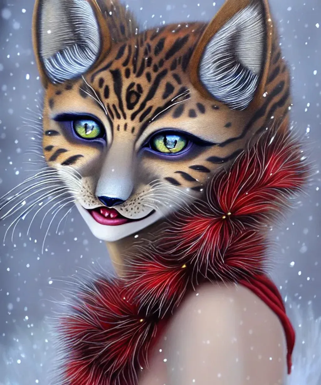 Prompt: Felinoid lady fursona, attractive, elegant, confident, optimistic, smiling, indigo pine red fulvous silver photorealistic beautiful big eyes, heavenly look, highly detailed modern Christmas style clothing, fine soft facial fur, angel-influence, by Amanda Sage, McNeall Whistler, Winter, snowflakes, poinsettia, furaffinity, ultra realistic, portrait painting, global illumination, occlusion, volumetric lighting, volumetric mist, sharp focus, narrow DoF, 128K UHD Poser, octane  