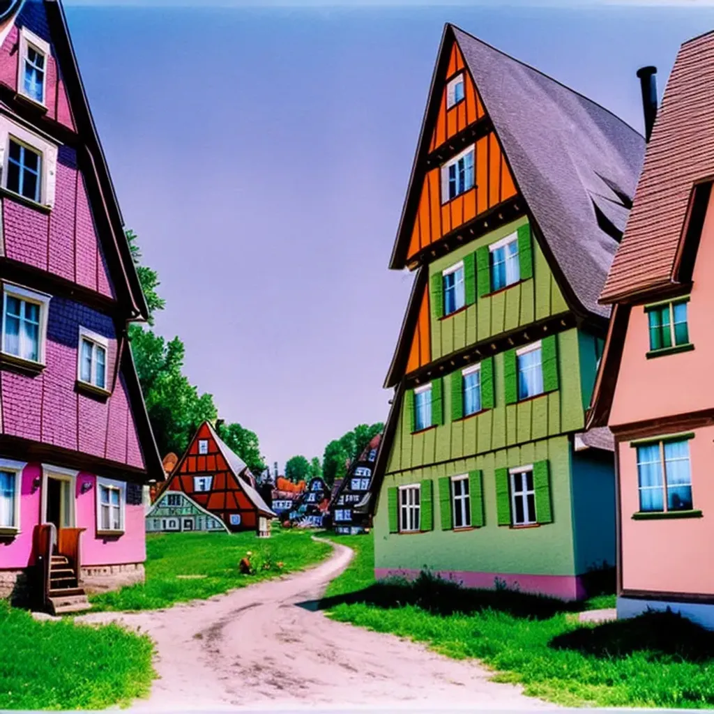 Prompt: A German village, broad light, Kodachrome, photograph, highly detailed, daytime, German timber frame houses, wide angle lens, vivid colors, pastel, picturesque