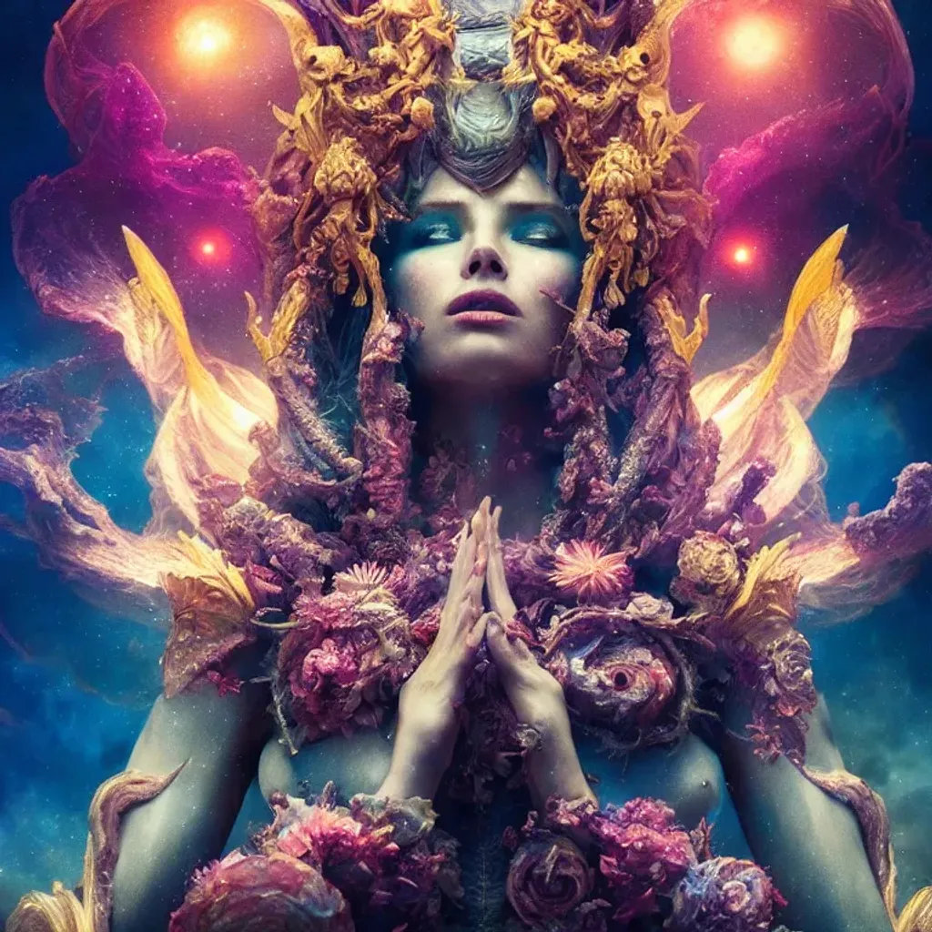 Prompt: beautiful detailed cgi matte painting female space empress of the andromeda, by ellen jewett, alessio albi | symmetrical features, ominous, alluring, vivacious, realism, intricate, ornate, royally decorated, organic, growth, whirling nebulas, glowing particles, colorful adornments, colorful torn fabric, radiant colors