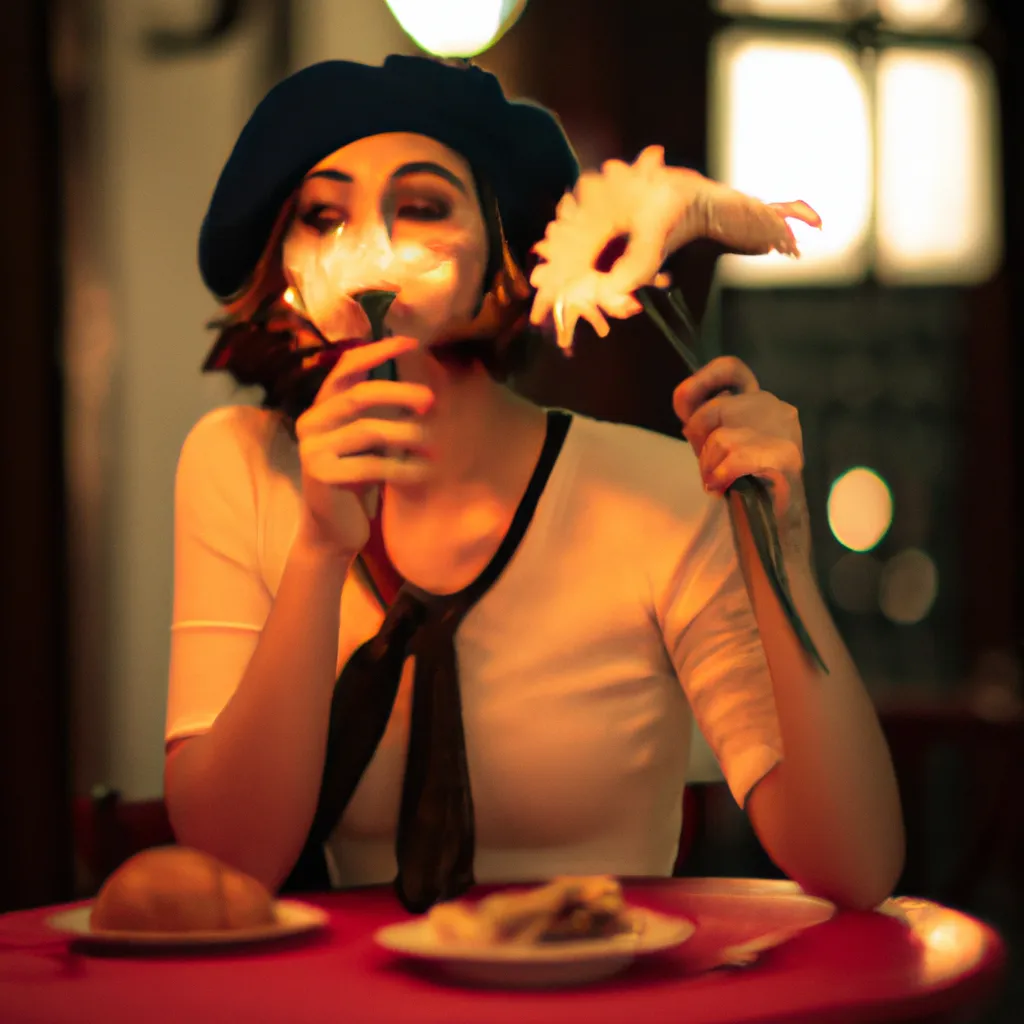 Prompt: A beautiful woman eating a croissant by the French café , vintage , 1950s France , post ww2 , beret , short hair , mime , wilted flowers , extreme wide shot , environment , Eiffel tower , photorealistic , camera , f1.2 , iso 800 , cinematic lighting , dawn , candle lit , romance