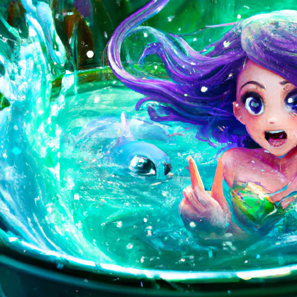 Prompt: Key Disney Visual  Of A cauldron opening up a portal into the ocean where you see a  happy anime mermaid with blue hair swimming past green sea weed waving happily at you, green tail  purple cauldron, Digital art, trending on artstation, Photorealistic Illustration, anime key visual, cinematic, Ultra Detailed , trending on pixiv, kawaii eyes , blue colour pallete