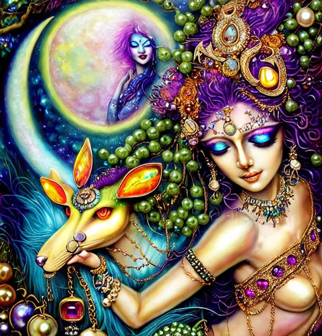 Prompt: Bejewelled aesthetic cat shapeshifter ((humanoid) felinoid (goddess)), indigo cream mustard moss amber silver pearl (photorealistic eyes) iridescent jewellery, by Josephine Wall,  Ryohei Hase, Anna Liwanag, fursona, furaffinity, background theme alien planet with a (crystal moon) by Howard David Johnson, detailed illustration, acrylic on paper, intricate, elegant, ornate, hyper realistic, unreal engine 5 128K UHD Octane, pi, fractal fBm $text, watermark, copyright, frame, borders, clones, too many arms$