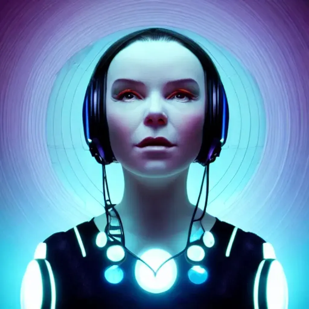 Prompt: a woman with headphones in front of a circular light, cyberpunk art, by Andrei Kolkoutine, cgsociety, retrofuturism, photorealistic portrait of bjork, heavy metal magazine cover, beautiful cyborg angel girl, andrei riabovitchev symmetrical, trend on behance 3d art, salvia droid